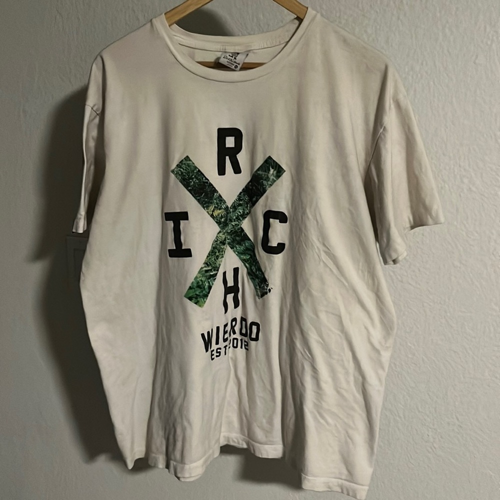 Men’s graphic tees. XL. Cream colored. Lightly worn.